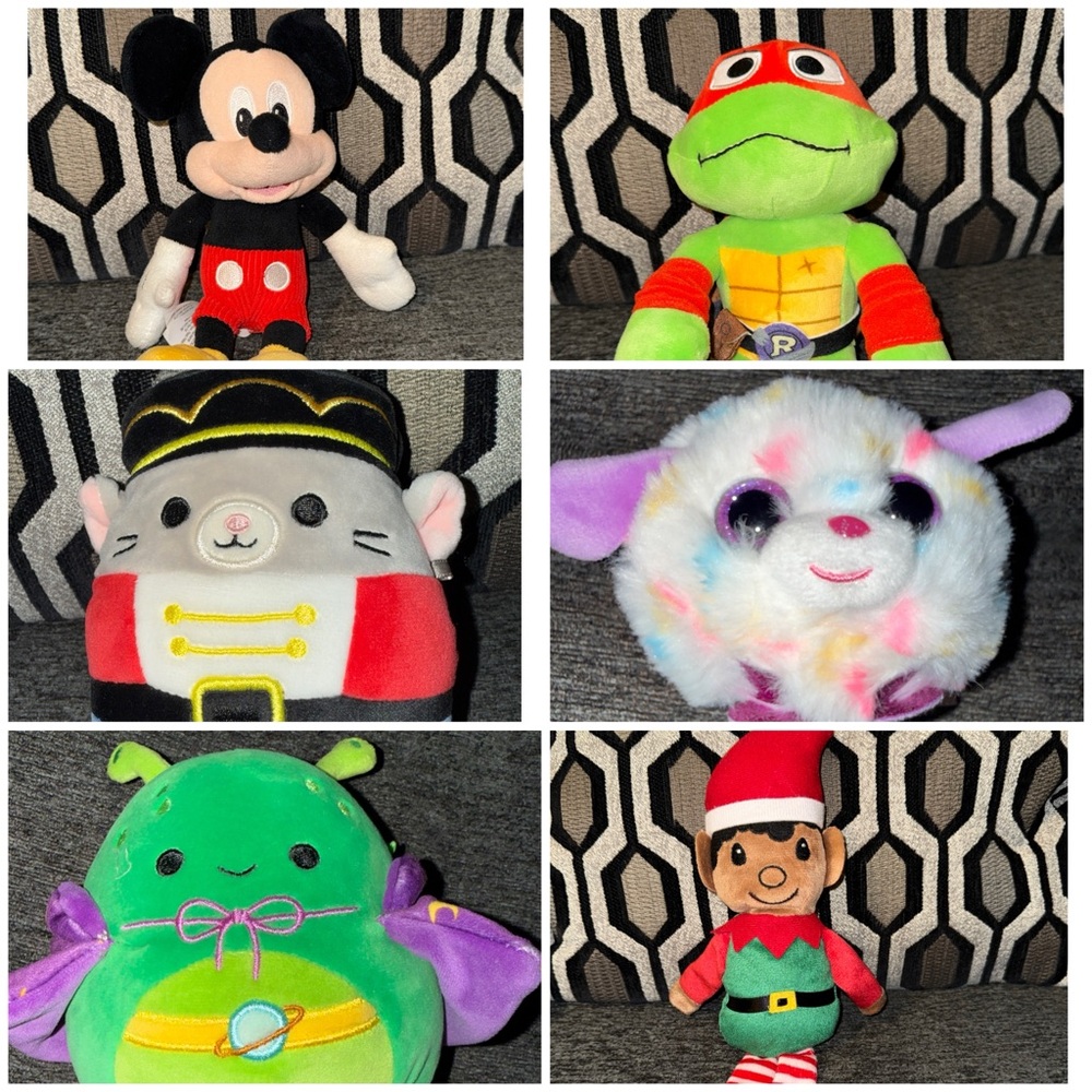 Plush bundle of 6 Mickey Mouse, ninja turtle,2 squishmallows, ty puff,elf.Smalls